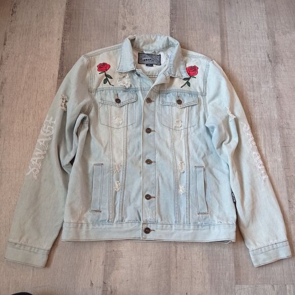 Brooklyn Cloth Savage Woman's New York Distressed Denim Jacket Dragon Roses Sz L - Picture 1 of 9